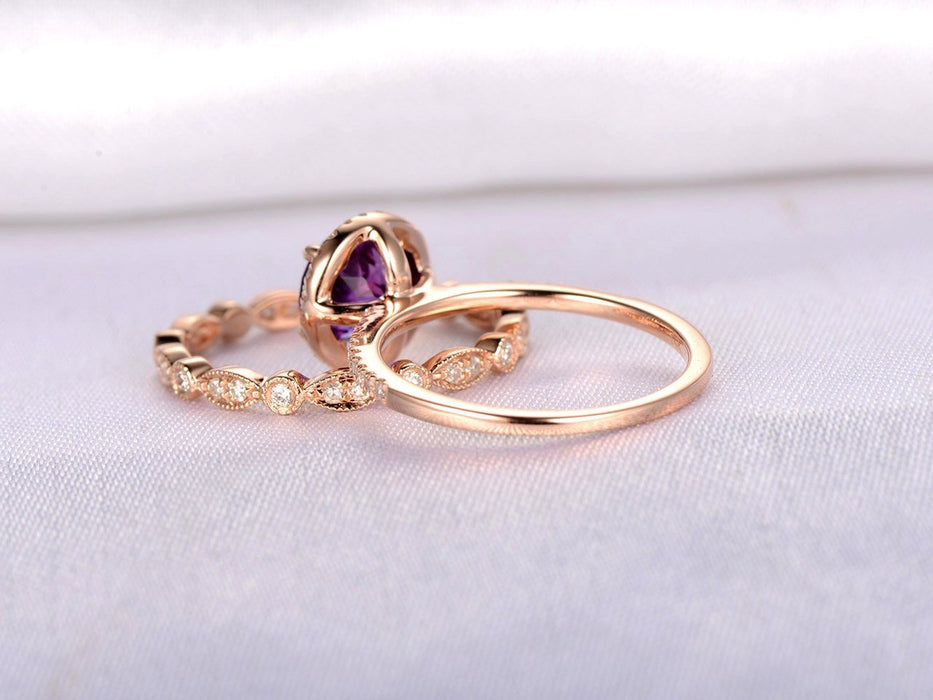 1.50 Carat Round Amethyst and Diamond Art Deco Wedding Ring Set in Rose Gold