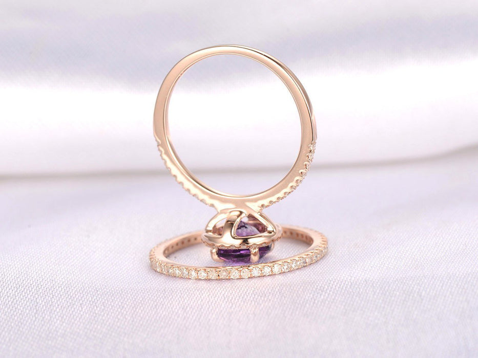 1.50 Carat Round Amethyst and Diamond Eternity Engagement Wedding Ring Set in Rose Gold