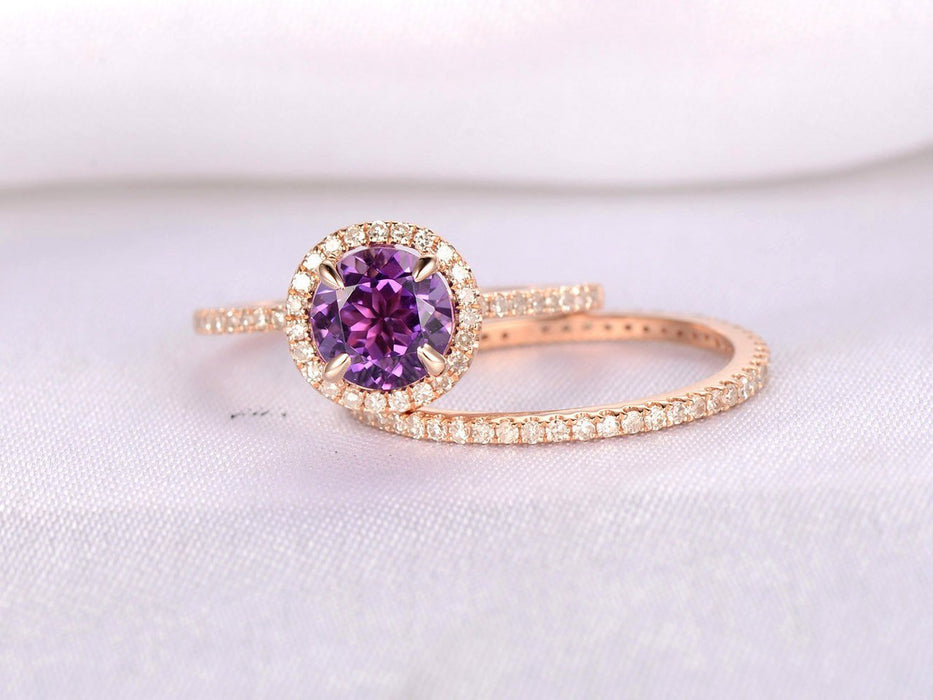 1.50 Carat Round Amethyst and Diamond Eternity Engagement Wedding Ring Set in Rose Gold