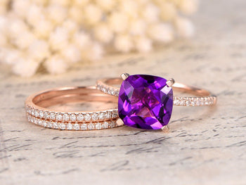 Perfect 2 Carat Cushion Amethyst and Diamond Trio Wedding Bridal Ring Set in Rose Gold