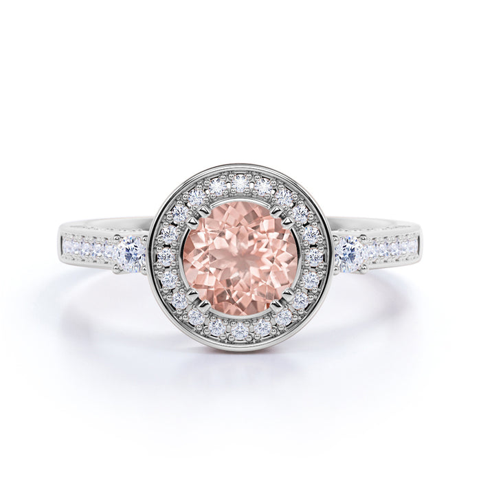 1.75 Carat Round Cut Peachy Pink Morganite and Diamond Halo Wedding Ring in Rose Gold