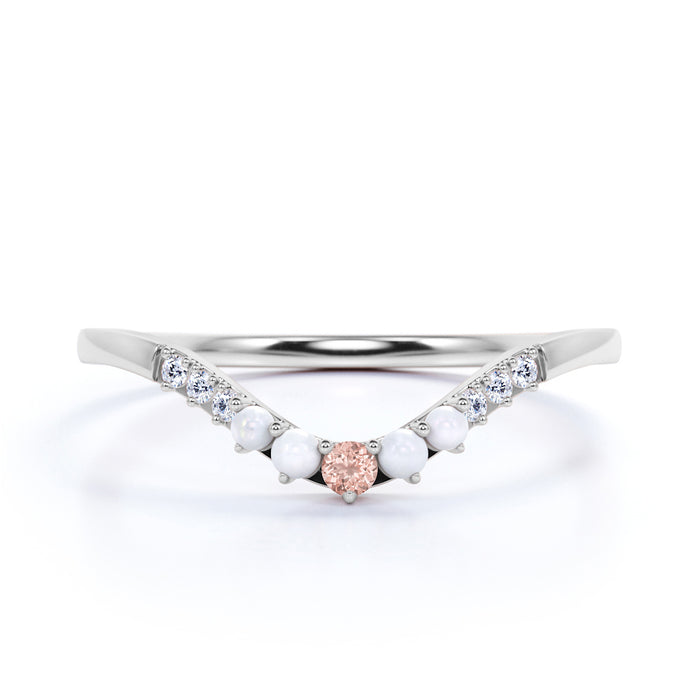 0.45 Carat Morganite, Pearl & Diamond Multi Stone Stacking Wedding Ring Band in Rose Gold