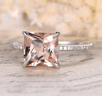 Limited Time Sale: 1.25 Carat Peach Pink Morganite (Princess Cut Morganite) and Diamond Engagement Ring