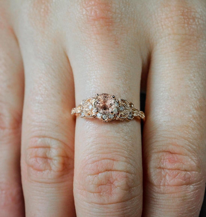 Limited Time Sale 1.25 Carat Round Shaped Peach Pink Morganite and Diamond Engagement Ring