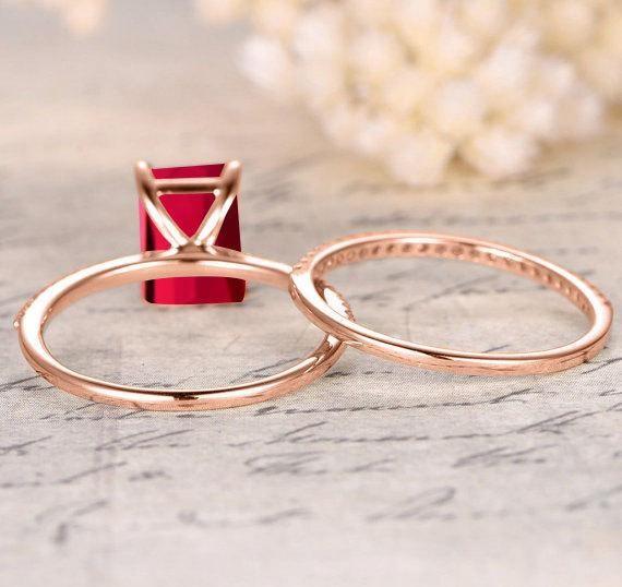 Limited Time Sale: 1.25 Carat Red Ruby (Emerald cut Ruby) and Diamond Engagement Bridal Wedding Ring Set in Rose Gold