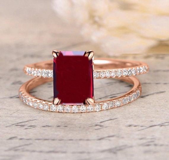 Limited Time Sale: 1.25 Carat Red Ruby (Emerald cut Ruby) and Diamond Engagement Bridal Wedding Ring Set in Rose Gold