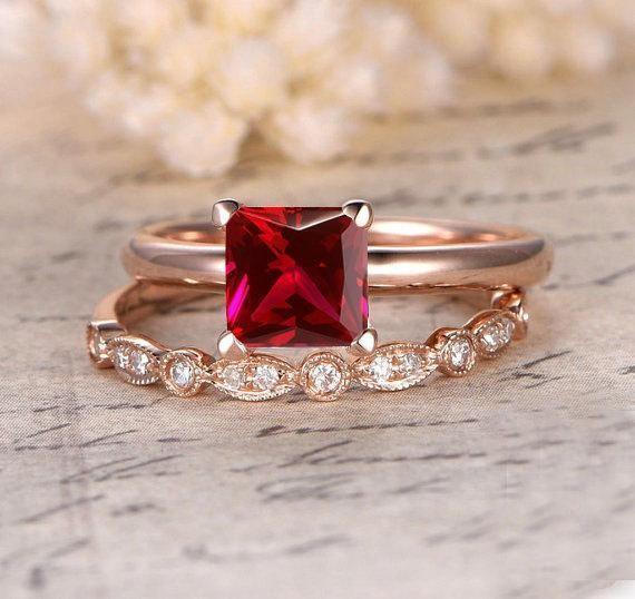 Limited Time Sale: 1.25 Carat Red Ruby (princess cut Ruby) and Diamond Engagement Bridal Wedding Ring Set in 9k Rose Gold