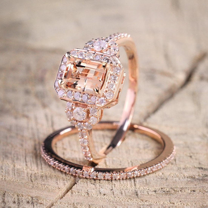 Limited Time Sale 1.50 Carat Morganite and Diamond Halo Bridal Ring Set in Rose Gold: Bestselling Design