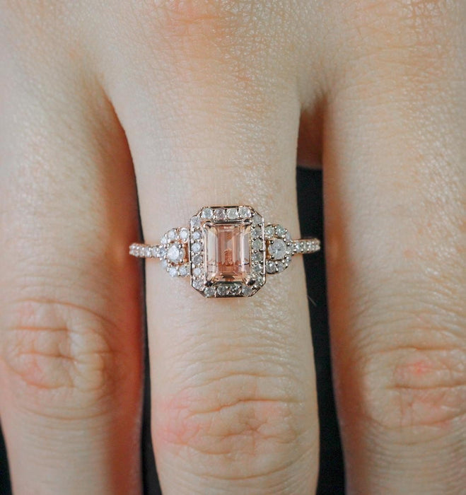 Limited Time Sale 1.50 Carat Morganite and Diamond Halo Bridal Ring Set in Rose Gold: Bestselling Design