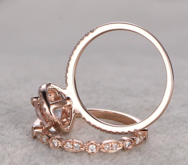 Limited Time Sale 1.50 Carat Morganite and Diamond Wedding Bridal Ring Set in Rose Gold, One Engagement Ring & Wedding Band