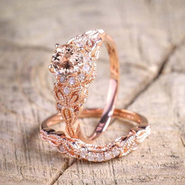 Limited Time Sale 1.50 Carat Round Cut Morganite and Diamond Halo Bridal Wedding Ring Set in Rose Gold: Bestselling Design