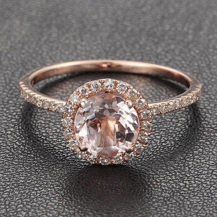 Limited Time Sale 1.50 Carat Round Cut Morganite and Diamond Halo Bridal Wedding Ring Set in Rose Gold: Bestselling Design