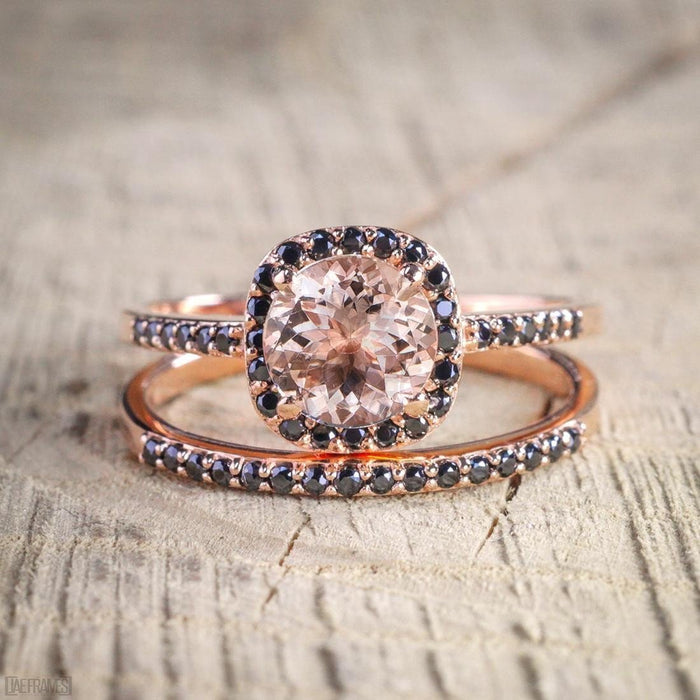 Limited Time Sale 2 Carat Round Cut Peach Pink Morganite and Black Diamond Engagement Bridal Ring Set in Rose Gold