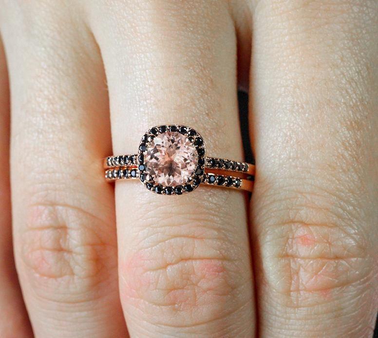 Limited Time Sale 2 Carat Round Cut Peach Pink Morganite and Black Diamond Engagement Bridal Ring Set in Rose Gold