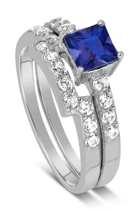 Luxurious 2 Carat Princess Cut blue sapphire and White Diamond Wedding Ring Set