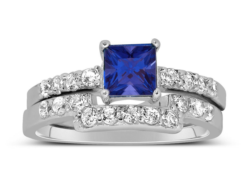 Luxurious 2 Carat Princess Cut blue sapphire and White Diamond Wedding Ring Set