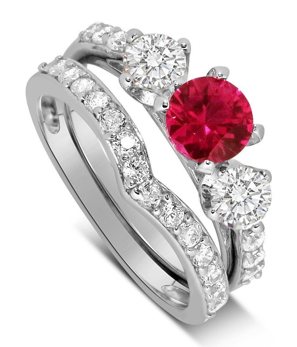 Luxurious 2 Carat Ruby and Diamond Wedding Ring Set in 9k White Gold