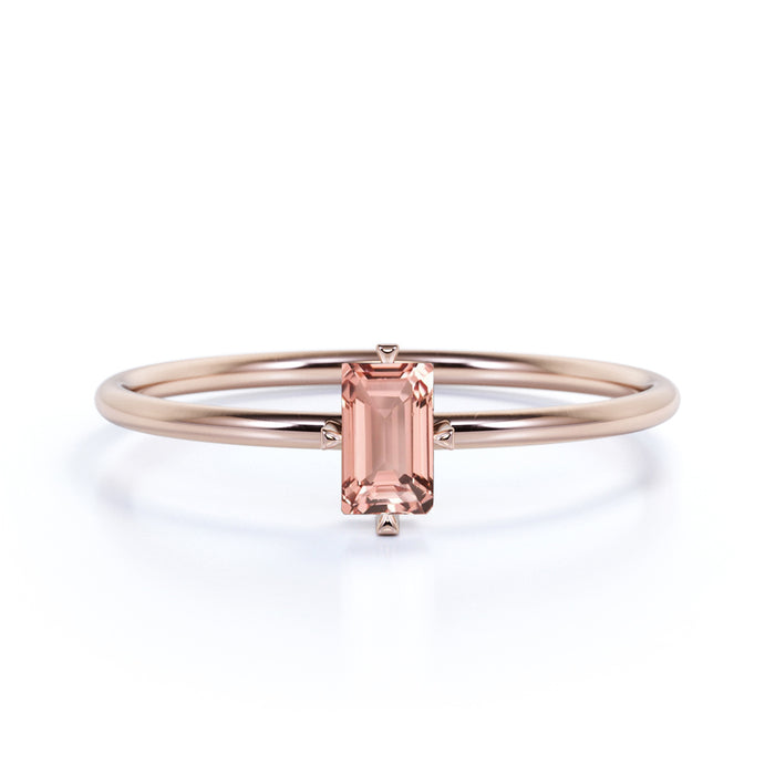 Solitaire Emerald Cut Morganite Dainty Ring in Rose Gold