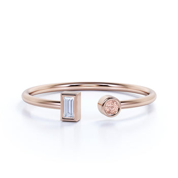Round Cut Morganite and Baguette Diamond Open Stacking Ring in Rose Gold