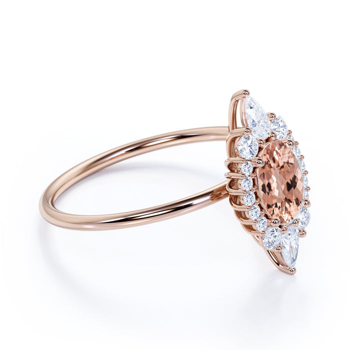 0.85 ct Antique Halo Set Oval Cut Morganite Promise Ring in Rose Gold