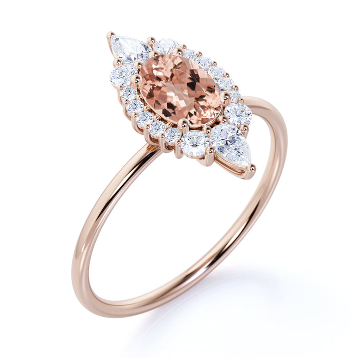 0.85 ct Antique Halo Set Oval Cut Morganite Promise Ring in Rose Gold