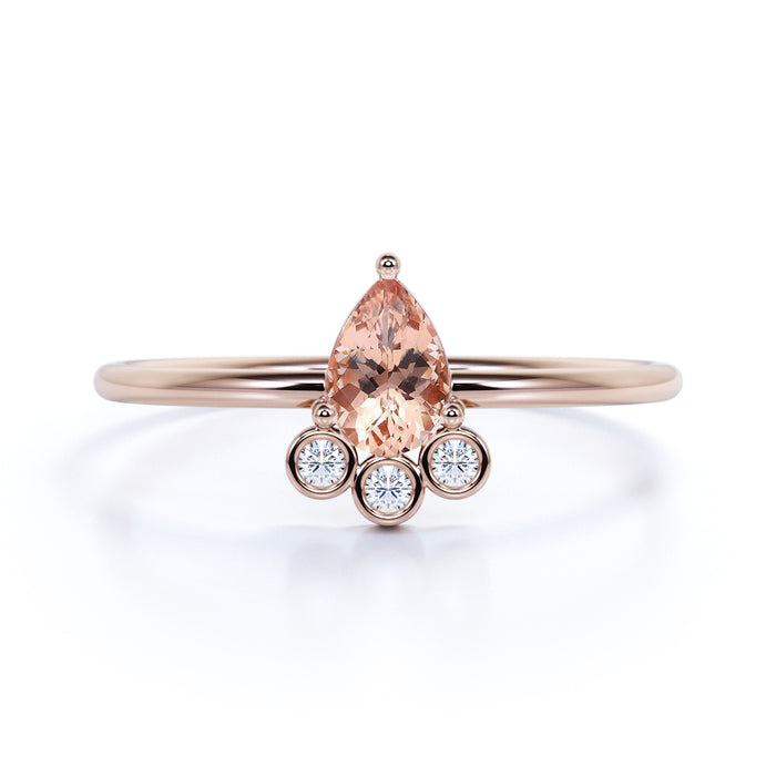 Pear Cut Morganite and Diamond Trio Stacking Ring in Rose Gold