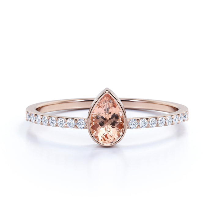 Pear Cut Morganite and Pave set Diamonds Promise Ring in Rose Gold