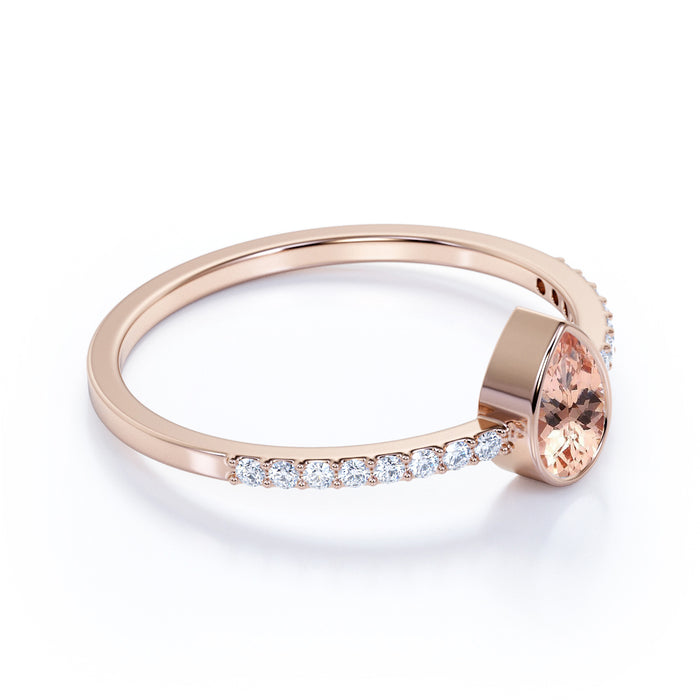 Pear Cut Morganite and Pave set Diamonds Promise Ring in Rose Gold