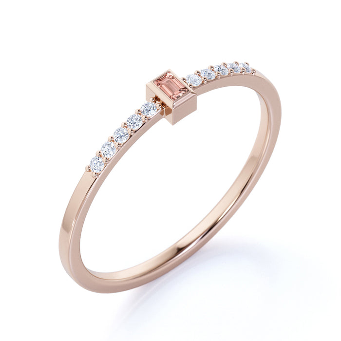 Baguette Cut Morganite and Pave set Diamonds Stacking Ring in Rose Gold