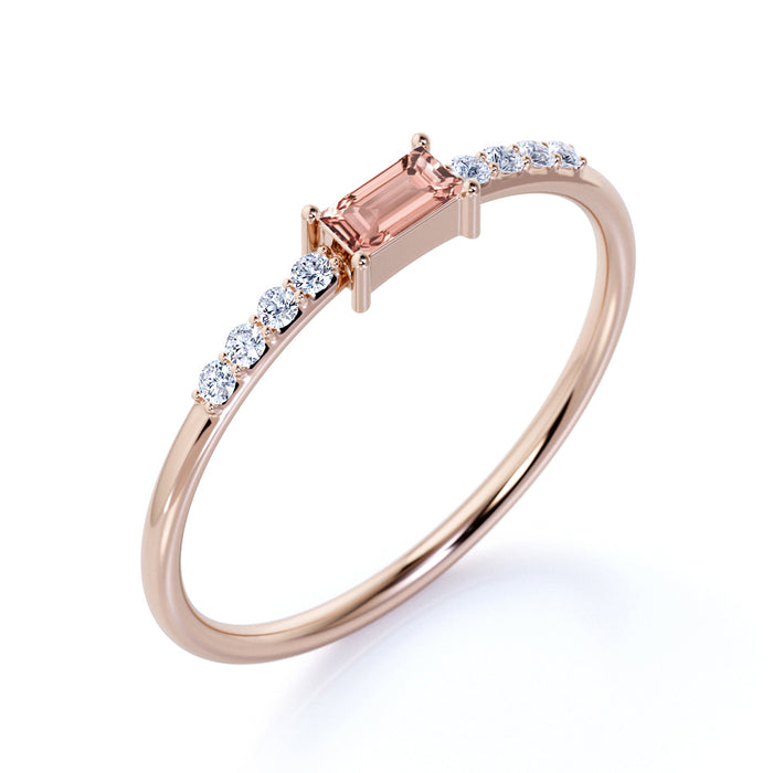 Emerald Cut Dainty Morganite and Diamond Ring in Rose Gold