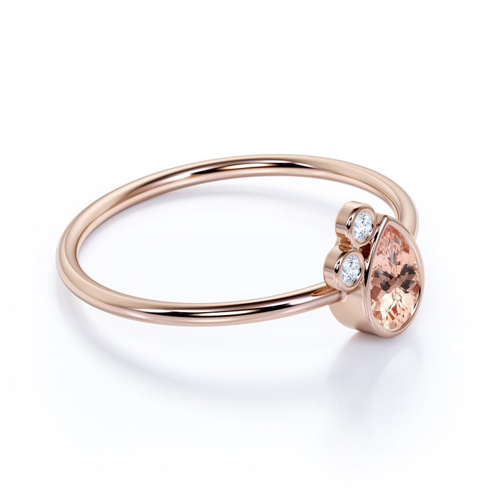 Unique Bezel Set Pear Cut Morganite and Diamond Stacking Ring in Rose Gold