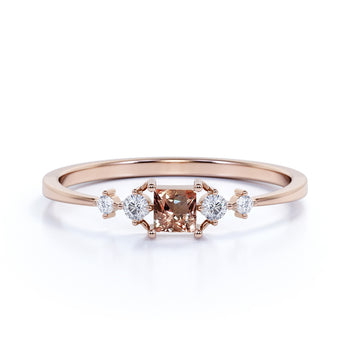 4 Stone Princess Cut Morganite and  White Diamond Promise Ring in Rose Gold