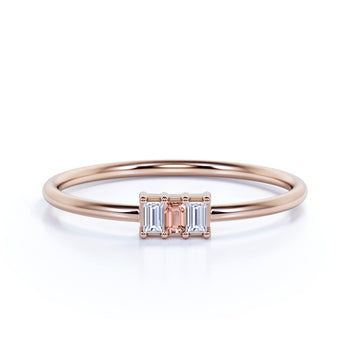 Baguette Cut Morganite and Diamond Trio Stacking Ring in Rose Gold