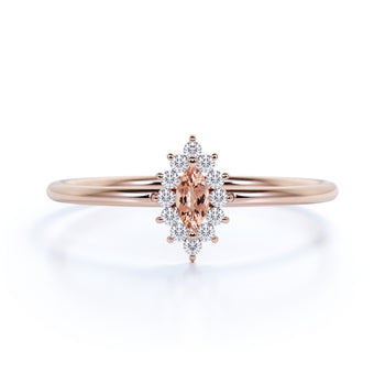 Vintage Halo Set Marquise Cut Morganite and Diamond Promise Ring