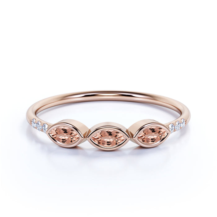 Marquise Cut Morganite Trio with Round Diamonds Stacking Ring in Rose Gold