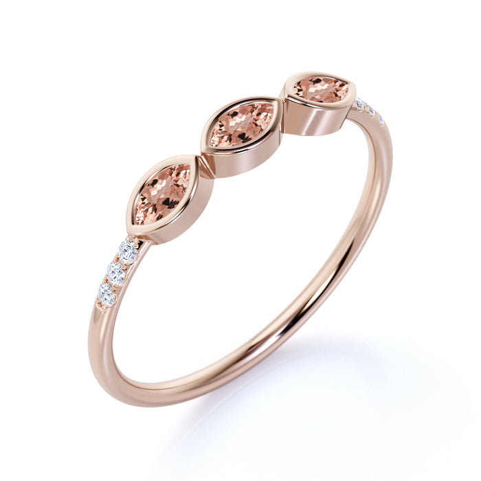 Marquise Cut Morganite Trio with Round Diamonds Stacking Ring in Rose Gold