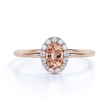 Classic 0.48 Carat  Halo Set Oval Cut Morganite and Diamond Dainty Ring in Rose Gold