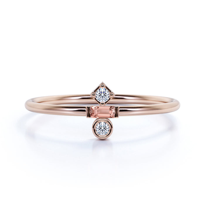 Emerald Cut Morganite and Diamond Trilogy Stacking Ring in Rose Gold