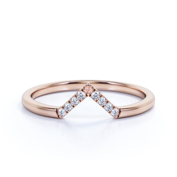 Geometric 0.56 Carat Pave Round Cut Pink Morganite and Diamond Chevron Stacking Wedding Ring Band in Rose Gold