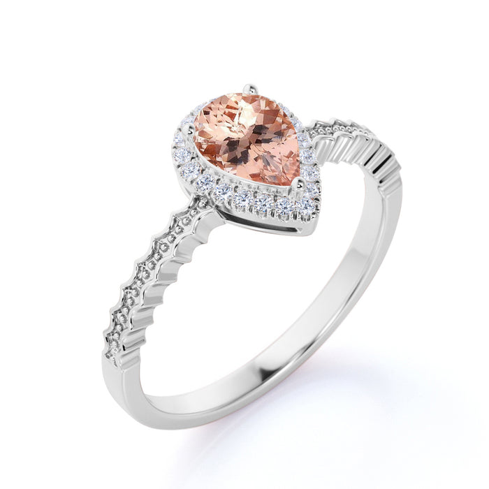 1.25 Carat Pink Pear Shaped Morganite and Diamond Halo Engraved Band Engagement Ring in Rose Gold