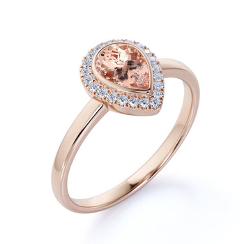 1.25 Carat Bezel Set Pink Morganite with Pave Diamond Halo Solitaire Engagement Ring in Rose Gold