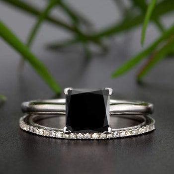 Stunning 1.25 Carat Princess Cut Black Diamond and Diamond Bridal Ring Set in White Gold