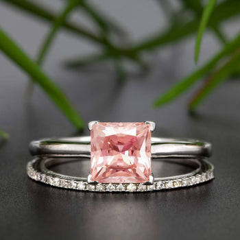 1.50 Carat Princess Cut Peach Morganite and Diamond Bridal Ring Set in White Gold Beautiful Ring
