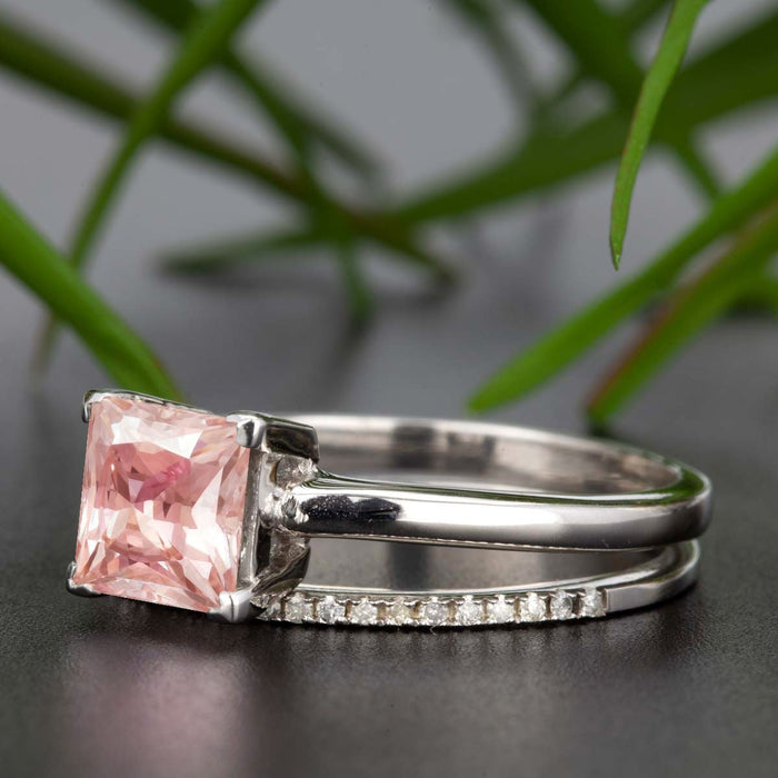 1.50 Carat Princess Cut Peach Morganite and Diamond Bridal Ring Set in White Gold Beautiful Ring