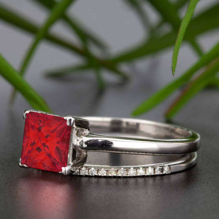 Stunning 1.25 Carat Princess Cut Red Ruby and Diamond Bridal Ring Set in 9k White Gold