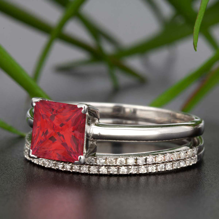 Stunning 1.5 Carat Princess Cut Red Ruby and Diamond Trio Bridal Ring Set in 9k White Gold