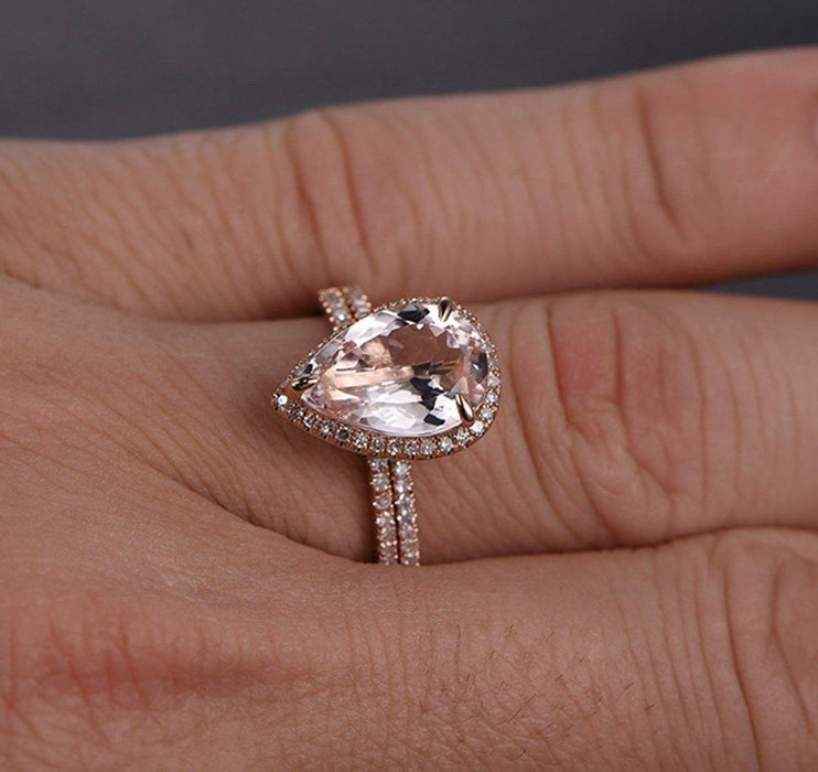 Perfect Bridal Set on Sale 1.50 Carat Pear Cut Morganite and Diamond Bridal Set in Rose Gold: Bestselling Design