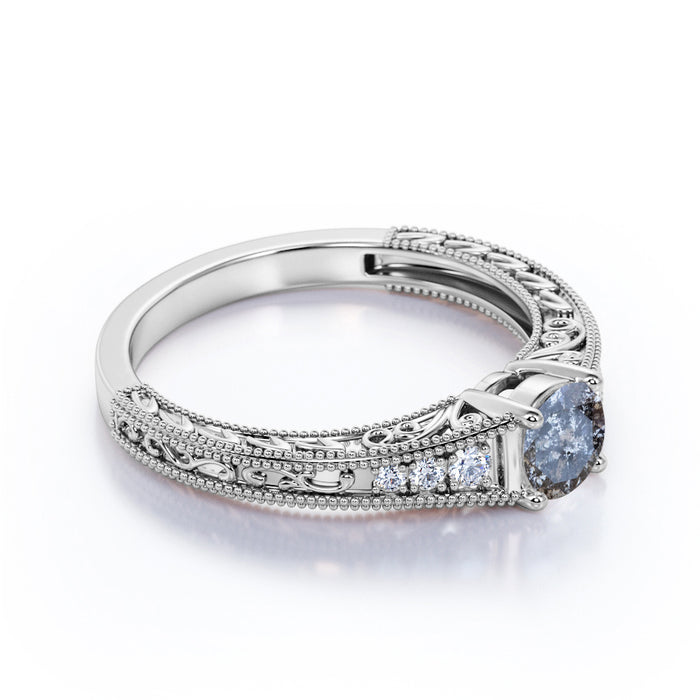 0.60 Carat Round Brilliant Grey Salt and Pepper Diamond Edwardian Engagement Ring in White Gold