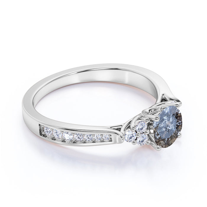 1.25 Carat Round Cut Real Salt and Pepper Diamond Trellis Engagement Ring in White Gold