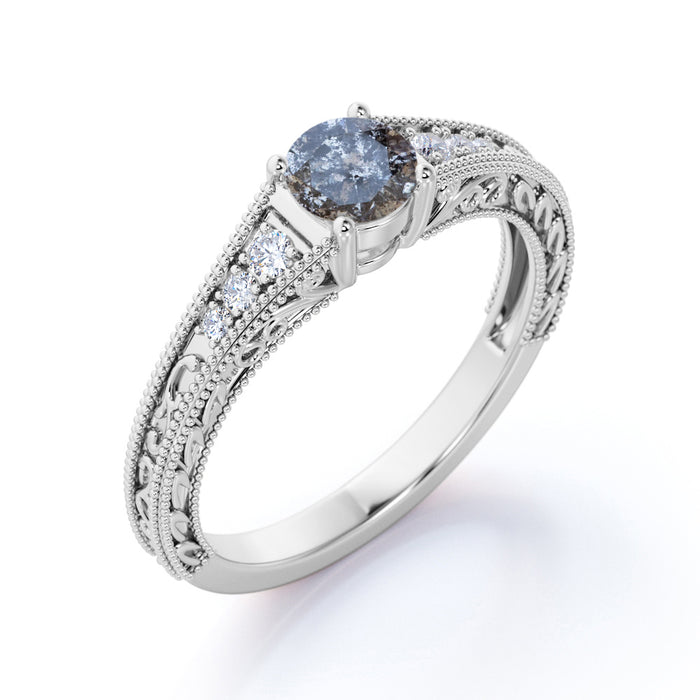 0.60 Carat Round Brilliant Grey Salt and Pepper Diamond Edwardian Engagement Ring in White Gold